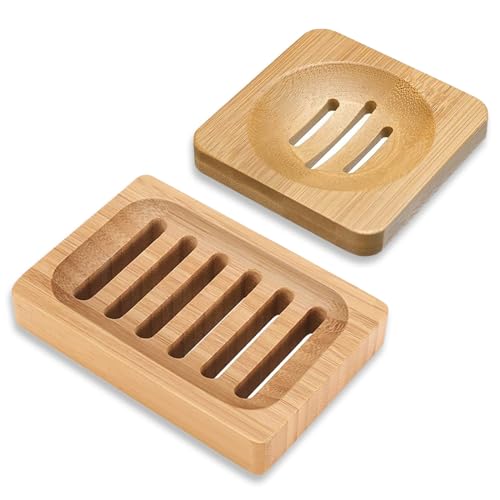 2 Stück Bambus Seifenschale mit Ablauf, Seifenhalter Dusche Holz Seifenablage Natürliche Hölzerne Bambus, Handgefertigte Seifenkiste Seifen Box Set von JSUOEO