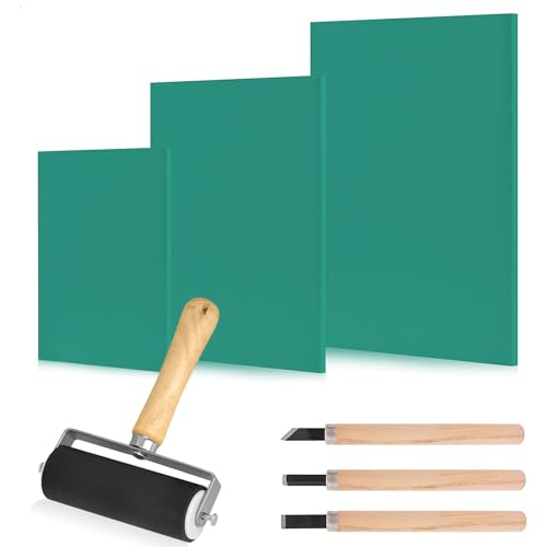 JSUOEO Linoldruck Platte Set, 3 Stück A4 A5 A6 Weichgummi Stempelgummi Linolplatten für Linolschnitt mit Schnitzwerkzeugen Linoleum Schnitzset für Druckgrafiken Kunsthandwerk DIY von JSUOEO