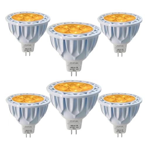 JSVSAL MR16 LED-Leuchtmittel, dimmbar, Gelbes,5 W, ersetzt 50 W Halogen-Äquivalent, 12 V GU5.3 Bi-Pin-Sockel, 40 Grad Spot Beleuchtung für Innen- und Außen-Landschafts-Leuchtmittel, 6-Pack von JSVSAL