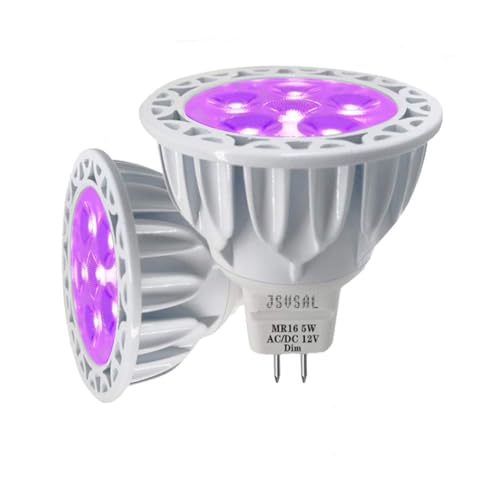 JSVSAL MR16 LED-Leuchtmittel, dimmbar, violett 5 W, ersetzt 50 W Halogen-Äquivalent, 12 V GU5.3 Bi-Pin-Sockel, 40 Grad Spot Beleuchtung für Innen- und Außen-Landschafts-Leuchtmittel, 2- Pack von JSVSAL