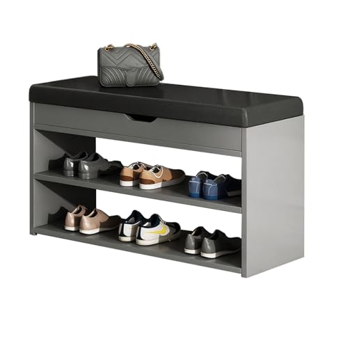 JSWHYBD Hölzerner Schuhwechselhocker Eingangsbank Mit Kissen Doppelschichtiges Flip Cover Design 60/80cm Schuhablage Bank Geeignet for Eingang Wohnzimmer Nachttisch(Grey,60cm) von JSWHYBD