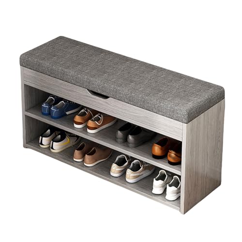 JSWHYBD Hölzerner Schuhwechselhocker Eingangsbank Mit Kissen Doppelschichtiges Flip Cover Design 60/80cm Schuhablage Bank Geeignet for Eingang Wohnzimmer Nachttisch(Light Grey,80cm) von JSWHYBD