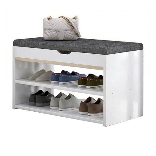 JSWHYBD Hölzerner Schuhwechselhocker Eingangsbank Mit Kissen Doppelschichtiges Flip Cover Design 60/80cm Schuhablage Bank Geeignet for Eingang Wohnzimmer Nachttisch(White,60cm) von JSWHYBD