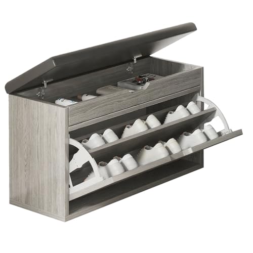 JSWHYBD Schuhbank Mit Kissen Schuhbank Aus Holz Multifunktionale Ablage Doppelte Flip-Cover-Design Stark Belastbar Geeignet for Tür Eingang Wohnzimmer(Grey,80cm) von JSWHYBD