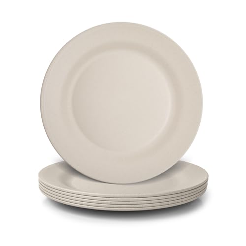 JSYMJSY Teller Set, 6Teilig 25cm Speiseteller Bruchfest, Plastik Essteller Mehrweg, Camping Teller Anti-Fallen, Leicht, Kunststoff BPA-Frei Mikrowellenfest Spülmaschinenfest, Beige von JSYMJSY