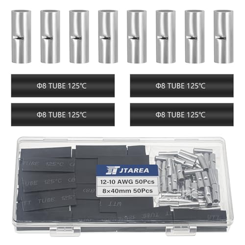 JTAREA 100 Stücke 12-10 AWG Stoßverbinder Unisoliert Set mit Schrumpfschlauch Nicht Isoliert Butt Connectors Stossverbinder Crimpverbinder 4-6 mm² Kabel Crimp Verbindung für Automobile Boote von JTAREA