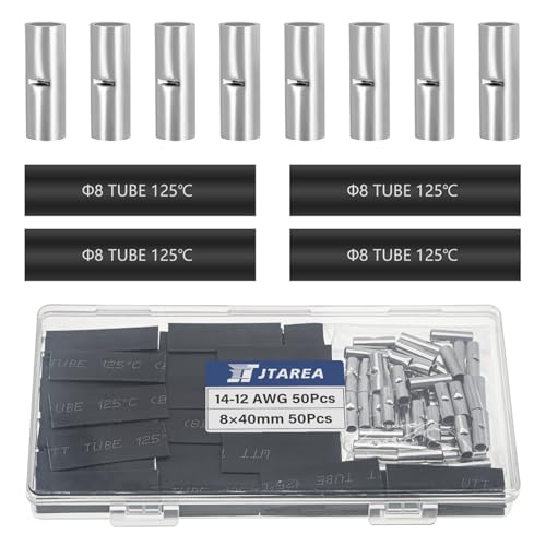JTAREA 100 Stücke 14-12 AWG Stoßverbinder Unisoliert Set mit Schrumpfschlauch Nicht Isoliert Butt Connectors Stossverbinder Crimpverbinder 2,5-4 mm² Kabel Crimp Verbindung für Automobile Boote von JTAREA