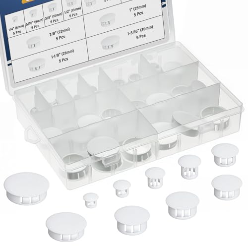 JTAREA 10Größen Nylon-Kunststoff Lochstopfen Sortiment Kit 6mm 8mm 10mm 13mm 16mm 19mm 22mm 25mm 28mm 30mm Abdeckkappen für Bohrlöcher Blindstopfen Weiß Bohrloch Abdeckkappen für Möbel Schränke von JTAREA