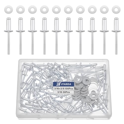 JTAREA 130 Stück 4,8 × 10 mm Aluminium Blindnieten mit Unterlegscheiben Nieten Popnieten Blindniete Großkopf Alu Kernnieten mit Rundem Kopf (Silber) von JTAREA