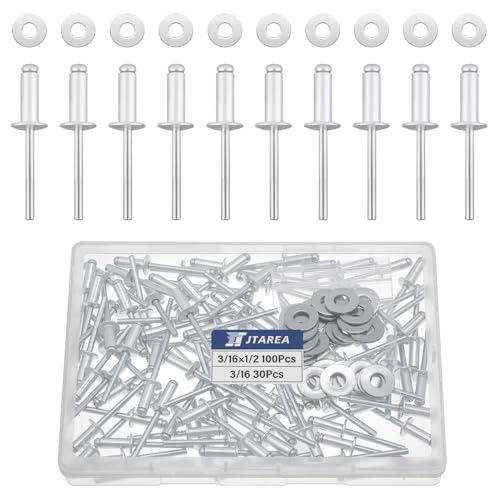 JTAREA 130 Stück 4,8 × 12,7 mm Aluminium Blindnieten mit Unterlegscheiben Nieten Popnieten Blindniete Großkopf Alu Kernnieten mit Rundem Kopf (Silber) von JTAREA