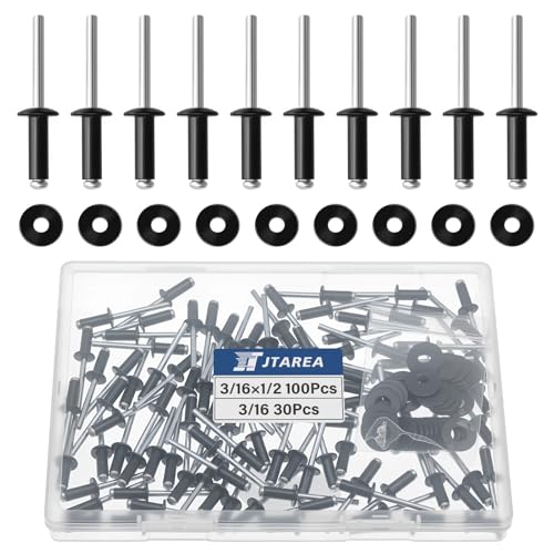 JTAREA 130 Stück 4,8 × 12,7 mm Aluminium Blindnieten mit Unterlegscheiben Pop Nieten Popnieten Blindniete Großkopf Alu Kernnieten mit Rundem Kopf (Schwarz) von JTAREA