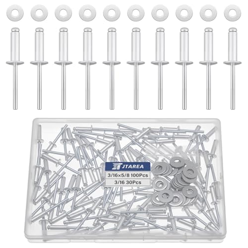 JTAREA 130 Stück 4,8 × 16 mm Aluminium Blindnieten mit Unterlegscheiben Nieten Popnieten Blindniete Großkopf Alu Kernnieten mit Rundem Kopf (Silber) von JTAREA