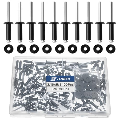 JTAREA 130 Stück 4,8 × 16 mm Aluminium Blindnieten mit Unterlegscheiben Pop Nieten Popnieten Blindniete Großkopf Alu Kernnieten mit Rundem Kopf (Schwarz) von JTAREA