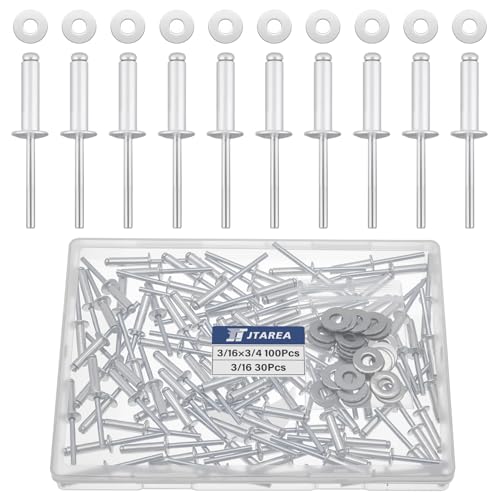 JTAREA 130 Stück 4,8 × 20 mm Aluminium Blindnieten mit Unterlegscheiben Nieten Popnieten Blindniete Großkopf Alu Kernnieten mit Rundem Kopf (Silber) von JTAREA