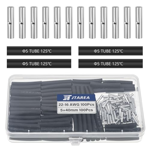 JTAREA 200 Stücke 22-16 AWG Stoßverbinder Unisoliert Set mit Schrumpfschlauch Nicht Isoliert Butt Connectors Stossverbinder Crimpverbinder 0,5-1,5 mm² Kabel Crimp Verbindung für Automobile Boote von JTAREA