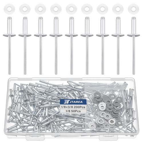 JTAREA 250 Stück Aluminium Blindnieten 3,2 × 10 mm mit Unterlegscheiben Nieten Popnieten Blindniete Großkopf Alu Kernnieten mit Rundem Kopf (Silber) von JTAREA