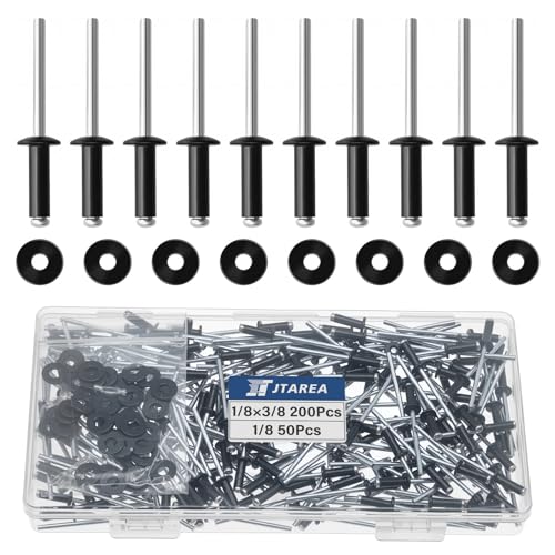 JTAREA 250 Stück Aluminium Blindnieten 3,2 × 10 mm mit Unterlegscheiben Pop Nieten Popnieten Blindniete Großkopf Alu Kernnieten mit Rundem Kopf (Schwarz) von JTAREA