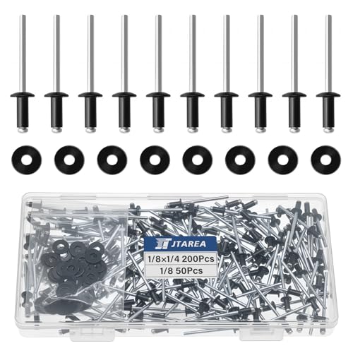 JTAREA 250 Stück Aluminium Blindnieten 3,2 × 6,4 mm mit Unterlegscheiben Pop Nieten Popnieten Blindniete Großkopf Alu Kernnieten mit Rundem Kopf (Schwarz) von JTAREA