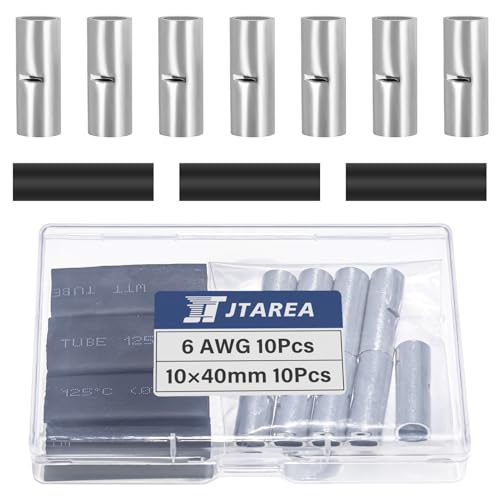 JTAREA 6 AWG Stoßverbinder Unisoliert Set mit Schrumpfschlauch Nicht Isoliert Butt Connectors Stossverbinder Crimpverbinder 16 mm² Kabel Crimp Verbindung für Automobile Boote (Packung mit 20 Stück) von JTAREA
