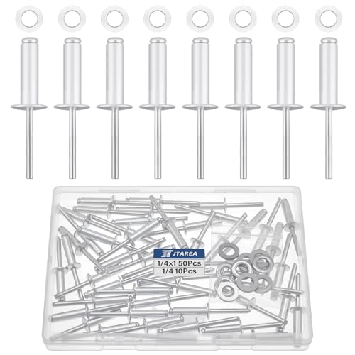 JTAREA 60 Stück Aluminium Blindnieten 6,4 × 25 mm mit Unterlegscheiben Nieten Popnieten Blindniete Großkopf Alu Kernnieten mit Rundem Kopf (Silber) von JTAREA