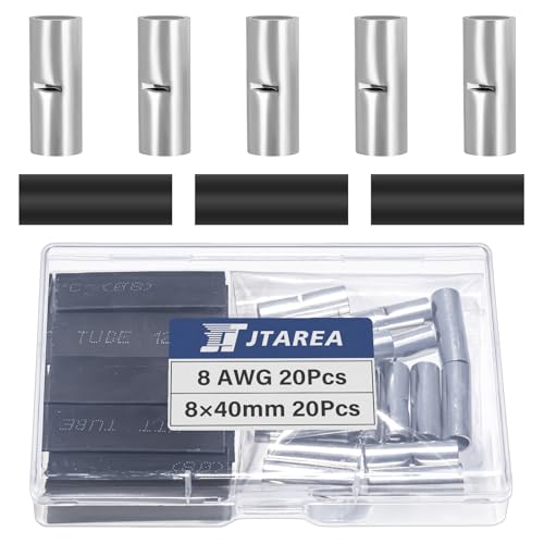 JTAREA 8 AWG Stoßverbinder Unisoliert Set mit Schrumpfschlauch Nicht Isoliert Butt Connectors Stossverbinder Crimpverbinder 10 mm² Kabel Crimp Verbindung für Automobile Boote (Packung mit 40 Stück) von JTAREA