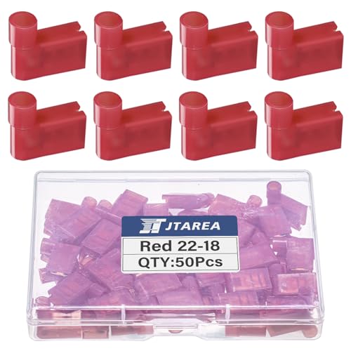 JTAREA 90 Grad 0,5-1,5 mm² Flagge Isoliert Weiblich Terminal Nylon Vollisolierte Steckverbinder 22-18 AWG Flachstecker Kabelschuhe Flachsteckhülsen Drahtverbinder Kabelschuh (Rot 50) von JTAREA