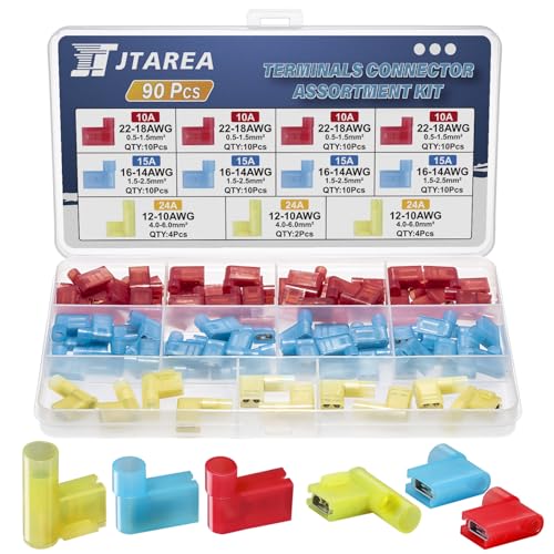 JTAREA Flagge Isoliert Weiblich Terminal Vollisolierte Steckverbinder 90 Grad Nylon Flachstecker Kabelschuhe Drahtverbinder 22-18 16-14 12-10 AWG Flachsteckhülsen Kabelschuh (Rot 40 Blau 40 Gelb 10) von JTAREA