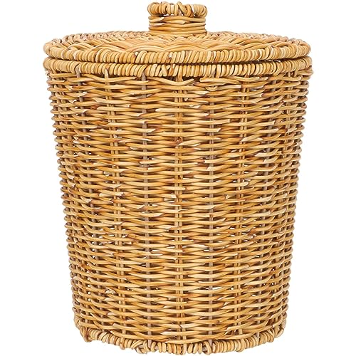 JTBDWOSK Badezimmer Mülleimer Rattan Geflochtener Runder Mülleimer Rattan Abfalleimer mit Deckel Weidenkorb Papiereimer Wäschekorb Dekokorb Aufbewahrungskorb für Küche Bad Organizer,Braun,25x21cm von JTBDWOSK