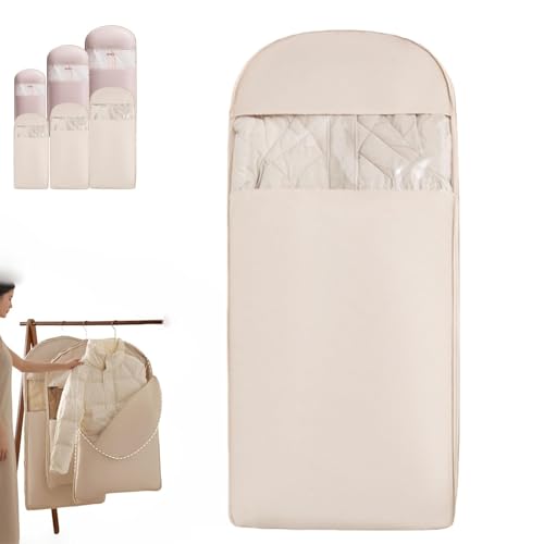 JTBDWOSK Beige,S, Platzsparende hängende Kleidersack mit selbstkomprimierendem Reißverschluss, Staubschutz-Kleidertaschen für Daunenmantel, Kleidersäcke Mottensicher mit Klarem Fenster von JTBDWOSK