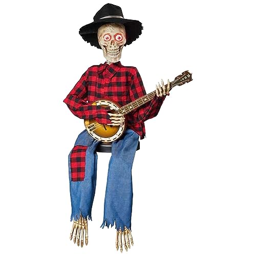 JTBDWOSK Cowboy-Totenkopf-Statue, Beweglich Leuchtender Schädel-Ornamente, Lustige Banjo-Skelett-Statue, Retro Skelett Figuren Gothic Deko, Halloween Dekoration Banjo-Totenkopf,Rot von JTBDWOSK