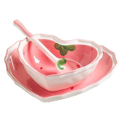 JTBDWOSK Dessertschalen aus Keramik Teller: Süße Herzform Salatschüssel Erdbeer Porzellanteller mit Löffel Müslischalen Vorspeise Beilage für Suppe Snacks,Rosa von JTBDWOSK