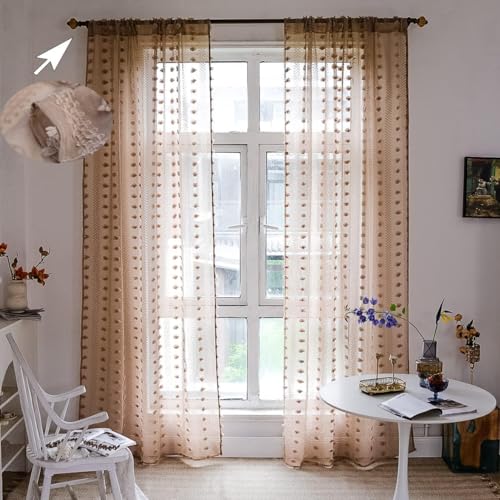 JTBDWOSK Gardinen Wohnzimmer Vorhänge Transparente Voile Sheer Vorhänge Mädchenzimmer Leinenstruktur mit Ösen Pompons Ösenschal Luftig Dekoschal für Schlafzimmer Kinderzimmer,Braun,H214xB132cm von JTBDWOSK