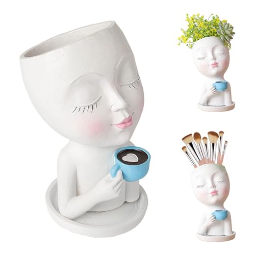 JTBDWOSK Gesicht Blumentopf, Mädchen Gesicht Pflanztopf, niedliche Sukkulentenvase mit Drainageloch, Bauernhaus Harz Blumentopf Dekorative Vase für Home Office Garten Dekor,Weiß von JTBDWOSK