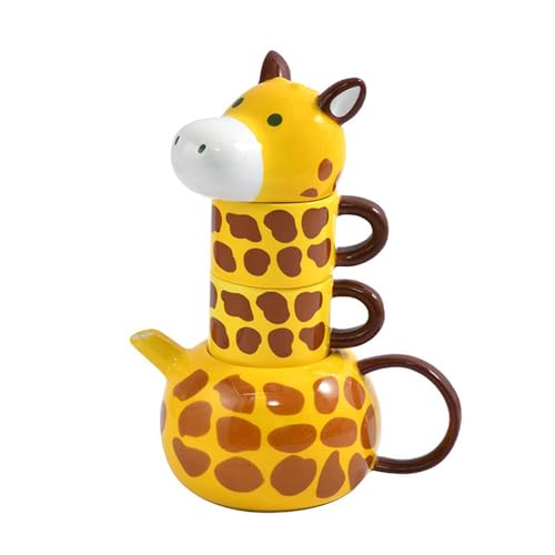 JTBDWOSK Giraffe Keramik Teekanne mit 2 Teetassen Set, Handbemalte Porzellan Teekannen Set für Kaffee Latte Milch Tee Blume und Obsttee,Gelb von JTBDWOSK
