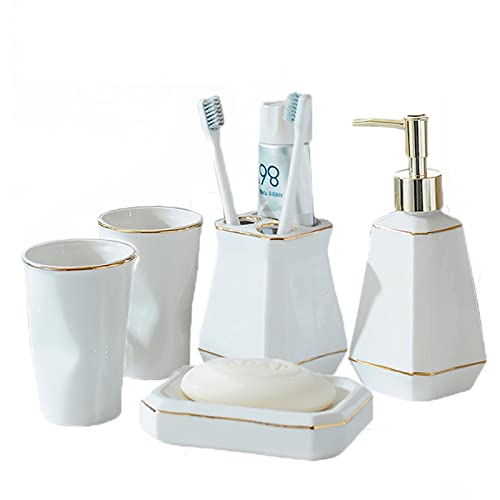 JTBDWOSK Home Modernes Luxus-Badezimmer-Zubehör-Set 5-teilig mit Seifenspender, Zahnbürstenhalter, Zahnbecher und Seifenschale,Weiß von JTBDWOSK