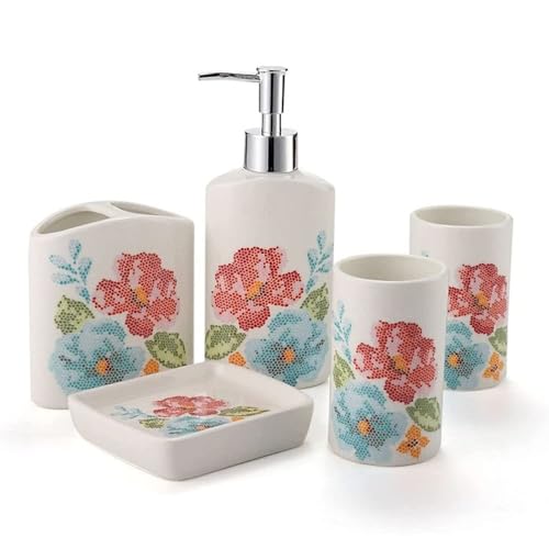 JTBDWOSK Modern Badezimmer Zubehör Set Blumen Muster Badset Badzimmer Set aus Keramik 5-teiliges Badzubehör Set Seifenspender,Zahnbürstenhalter, Seifenschale,2xZahnputzbecher,Weiß von JTBDWOSK