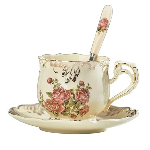 JTBDWOSK Pastorale Rose Bone China Tee Tasse Untertasse Löffel Set Europa Porzellan Kaffeetasse 200 ml Tasse Tablett Cafe Tumbler Party Drinkgeschirr (Tasse, Untertasse und Löffel),Gelb von JTBDWOSK