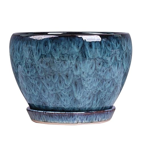 JTBDWOSK Pflanztöpfe Blumentöpfe Europäische Blaue Keramik Moderne Glasur Sukkulenten Pflanztopf mit Ablaufloch und Untertasse Runder Blumentopf for Drinnen und Draußen Kräuterschlangenpflanzen,Blau,S von JTBDWOSK