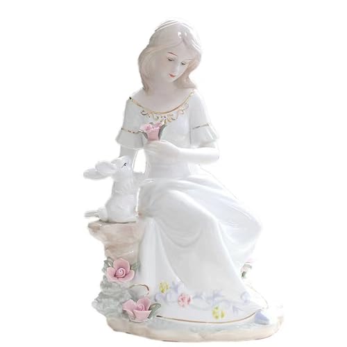 JTBDWOSK Sammlerstück Porzellanfigur Junges Mädchen Keramik Kaninchen Statue Skulptur Dekorative Eleganz Dame Figur Frauen Desktop Ornament für Zuhause Restaurant Tischdekoration,Weiß von JTBDWOSK