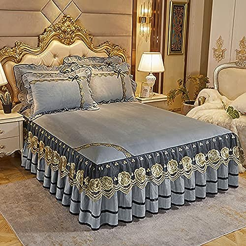 JTBDWOSK Samt Tagesdecke Ruffle Bett Rock Leintuch Bettrock Spannleintuch Bettvolant Bettwäsche Set 3tlg Bettüberwurf Kissenbezüge Bed Elegant Comfort Anti-Falten,A,180x200cm von JTBDWOSK