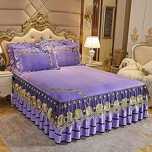 JTBDWOSK Samt Tagesdecke Ruffle Bett Rock Leintuch Bettrock Spannleintuch Bettvolant Bettwäsche Set 3tlg Bettüberwurf Kissenbezüge Bed Elegant Comfort Anti-Falten,C,200x220cm von JTBDWOSK