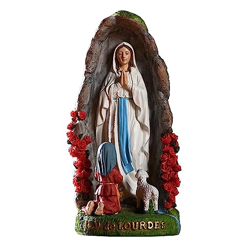 JTBDWOSK Statue, Katholische Unsere Dame von Lourdes, Betende gesegnete Jungfrau Maria Figur, Grotte mit Heilige Bernadette und Lamm, katholische religiöse Heimdekoration, Garten-Statue,Weiß von JTBDWOSK