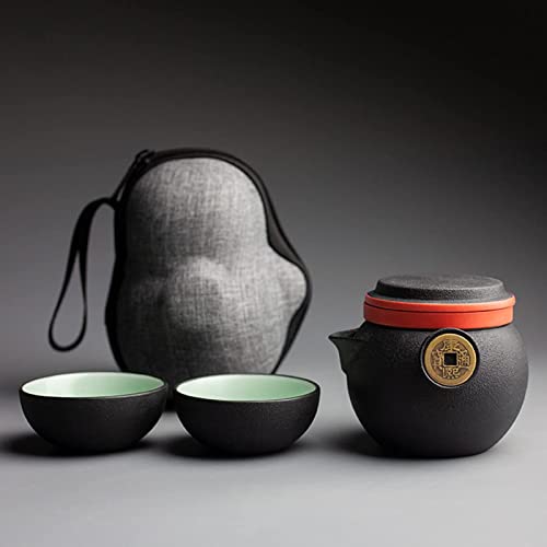 JTBDWOSK Tragbares Teekannen-Set mit Tasche/Etui, Keramik-Reise-Tee-Set für einen, Teekannen-Set mit Teetassen und Infuser, Teezubehör für Teeliebhaber,Schwarz von JTBDWOSK