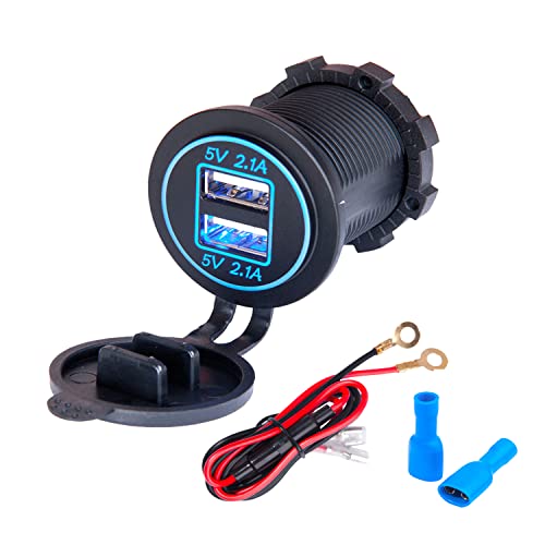 JTENG Zigarettenanzünder, 12V/24V 5V/2.1A 2 Ports Dual USB Steckdose, Wasserdicht mit Blauer LED-Anzeigemit 0,6m Anschlusskabel für Auto, Motorrad, SUV, Boot, LKW, Wohnwagen (blau-1pcs) von JTENG