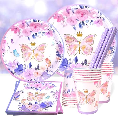 JTKLION Schmetterling Partygeschirr,125 Stück Mädchengeburtstag Deko Schmetterling Pappteller Set,Schmetterlingthema Lila Einweggeschirr Set mit Pappteller Pappbecher Servietten und Strohhalm,25 Gäste von JTKLION