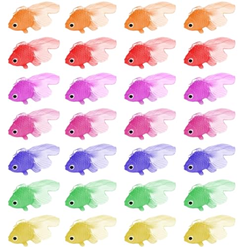 JTKREW 28 pcs Dehnbare Neon Fische Künstliche Schwimmende Fische Weiche Gummi Goldfische Spielzeuge Kleine Gefälschte Fische Ornament für Katzenspielzeug Aquarium Dekoration Party Mitgebsel von JTKREW