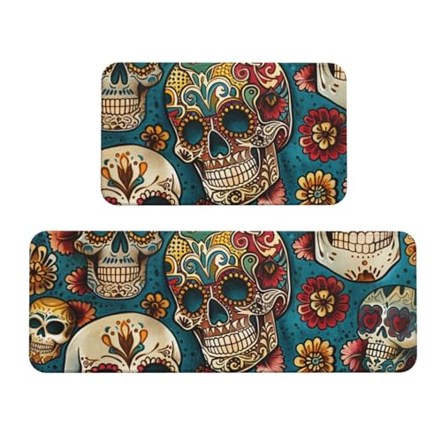 Bedruckte Küchenmatten mit Totenkopf-Motiv, rutschfest, saugfähig, für Urlaub, Party, Zuhause, Küche, Büro, 2 Stück von JTKREZ