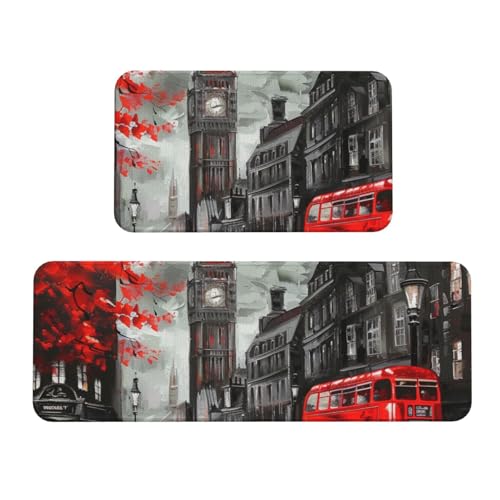 JTKREZ Red London Street bedruckte Küchenmatten, rutschfest, saugfähig, Bodenmatte und Teppiche für Urlaub, Party, Zuhause, Küche, Büro, 2 Stück von JTKREZ