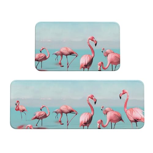 Küchenmatten, Motiv: Flamingos am Strand, bedruckt, rutschfest, saugfähig, für Urlaub, Party, Zuhause, Küche, Büro, 2 Stück von JTKREZ
