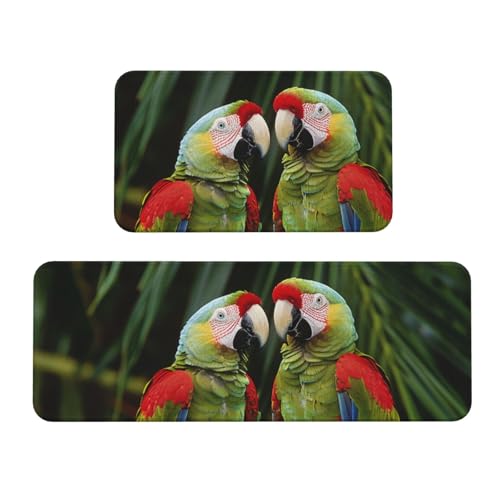 Küchenmatten, Motiv: Papageien auf grüner Palme, rutschfest, saugfähig, für Urlaub, Party, Zuhause, Küche, Büro, 2 Stück Küchenmatten, Motiv: Papageien auf grüner Palme, rutschfest, saugfähig, für Urlaub, Party, Zuhause, Küche, Büro, 2 Stück von JTKREZ